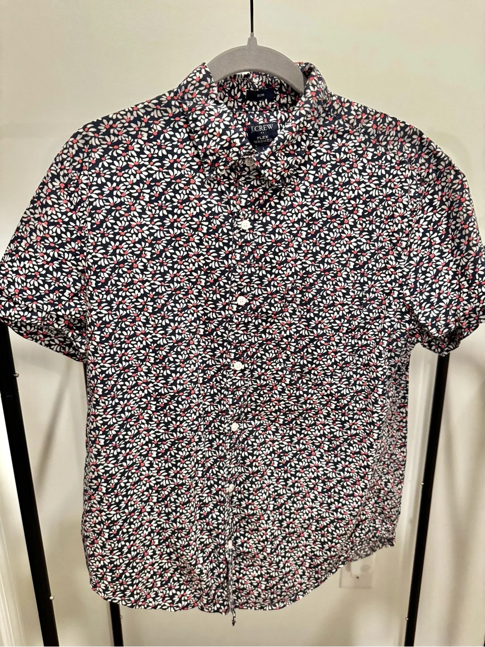 J. Crew Navy Short-Sleeve Button-Down with Red and White Floral Print